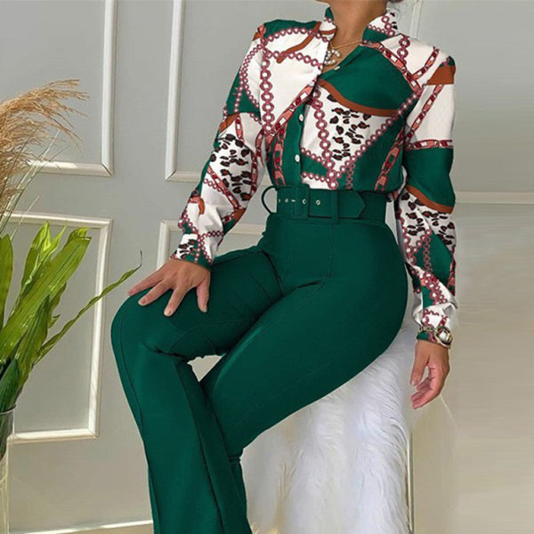 ✨ Chic Printed Two-Piece Set – Long Sleeve Shirt & Wide-Leg Pants ✨