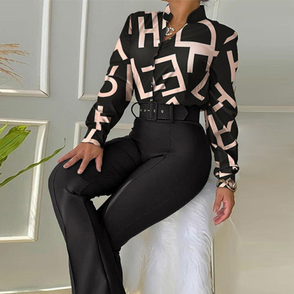 ✨ Chic Printed Two-Piece Set – Long Sleeve Shirt & Wide-Leg Pants ✨