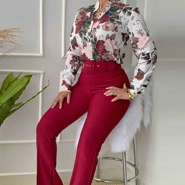 ✨ Chic Printed Two-Piece Set – Long Sleeve Shirt & Wide-Leg Pants ✨