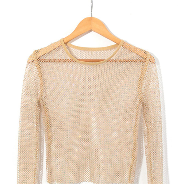 ✨ Mesh Sparkle Fishnet Top Sexy Long Sleeve Nightclub Sheer T-Shirt ✨
