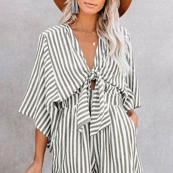 ✨ Chic Striped Jumpsuit – Slim Waist, Deep V & Bell Sleeves for Effortless Style ✨