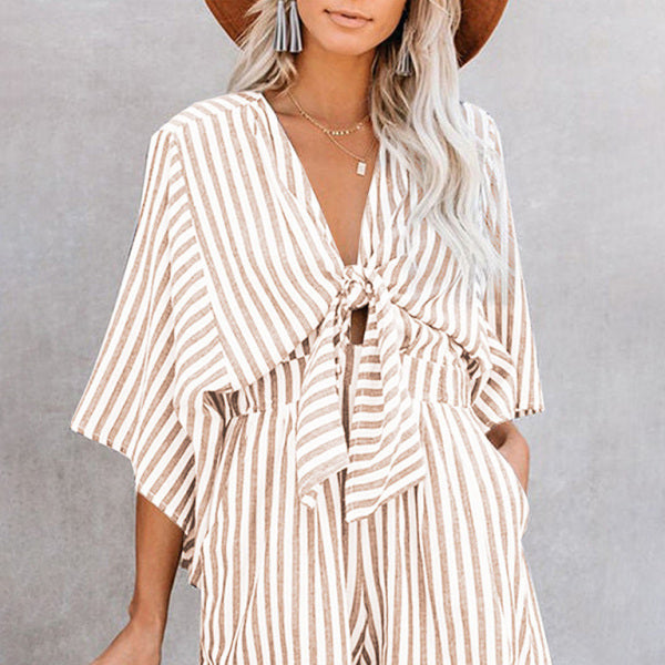 ✨ Chic Striped Jumpsuit – Slim Waist, Deep V & Bell Sleeves for Effortless Style ✨