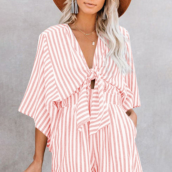 ✨ Chic Striped Jumpsuit – Slim Waist, Deep V & Bell Sleeves for Effortless Style ✨
