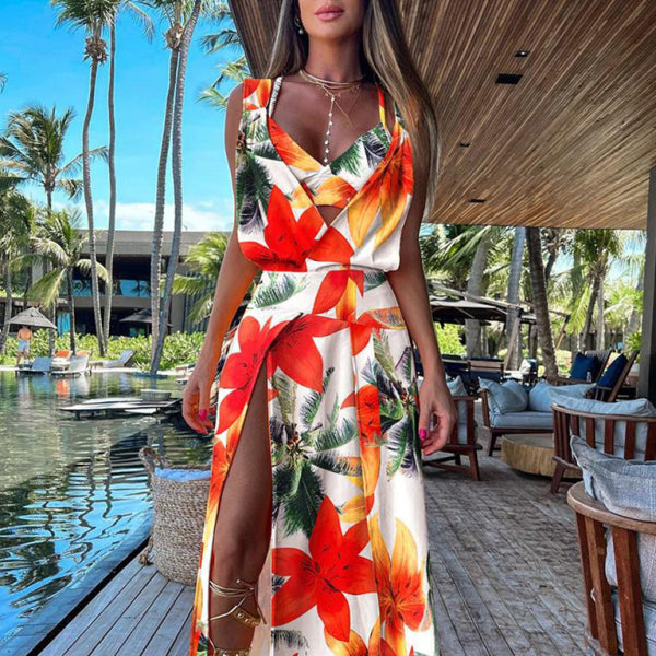 ✨ Flowy V-Neck Floral Slit Dress – Sexy & Stylish for Vacay Vibes ✨