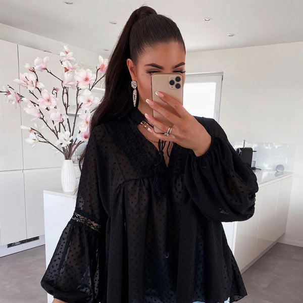 ✨ Chic Lace Balloon Sleeve Blouse – Elegant & Flowy Women's Top ✨