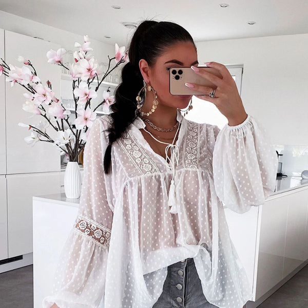 ✨ Chic Lace Balloon Sleeve Blouse – Elegant & Flowy Women's Top ✨