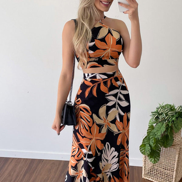 ✨ Chic Boho Two-Piece Set – Printed Crop Top & High Waist Skirt for Spring Summer ✨