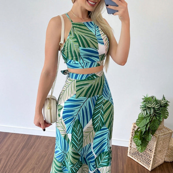 ✨ Chic Boho Two-Piece Set – Printed Crop Top & High Waist Skirt for Spring Summer ✨