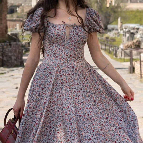 🌸 Chic Square Neck Floral Dress Puff Sleeve – Summer Style Must-Have 🌸
