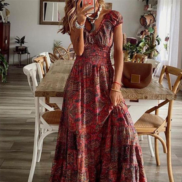 ✨ Boho Floral Maxi Dress Waist-Defined Flowy Summer Dress 🌸✨