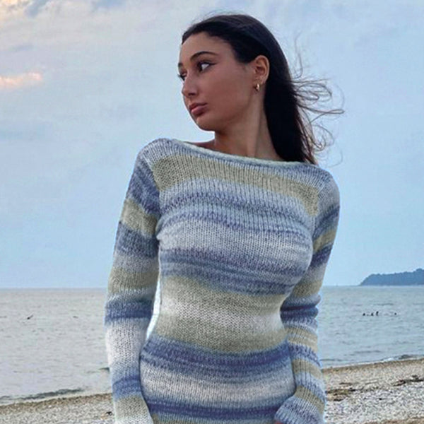 π€ Chic & Sexy Open Back Striped Sweater Dress β Bell Sleeve Perfection π«