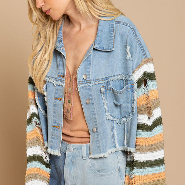 Chic Rainbow Patchwork Denim Jacket – Trendy Long-Sleeve Retro Style