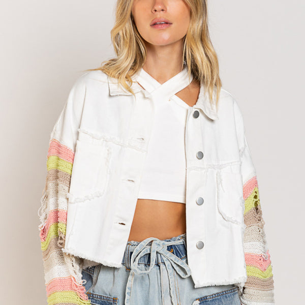 Chic Rainbow Patchwork Denim Jacket – Trendy Long-Sleeve Retro Style