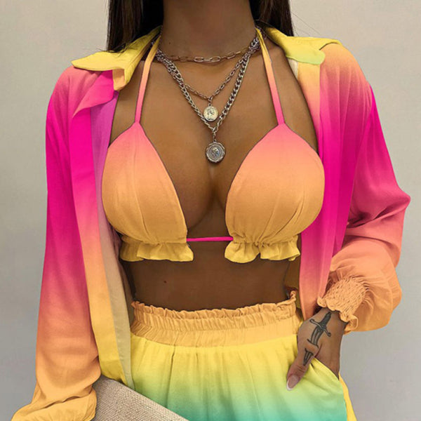 ✨ Tropical Print 3-Piece Set – Sexy Long-Sleeve Shirt and Shorts for Summer Vibes ✨