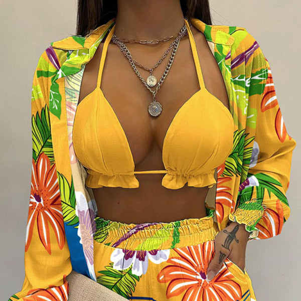 ✨ Tropical Print 3-Piece Set – Sexy Long-Sleeve Shirt and Shorts for Summer Vibes ✨