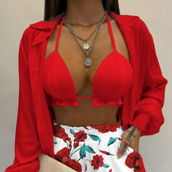 ✨ Tropical Print 3-Piece Set – Sexy Long-Sleeve Shirt and Shorts for Summer Vibes ✨