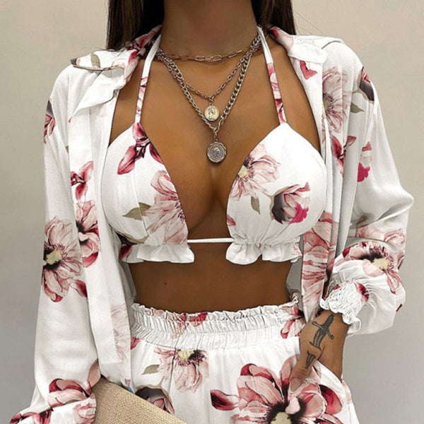 ✨ Tropical Print 3-Piece Set – Sexy Long-Sleeve Shirt and Shorts for Summer Vibes ✨