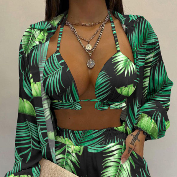 ✨ Tropical Print 3-Piece Set – Sexy Long-Sleeve Shirt and Shorts for Summer Vibes ✨