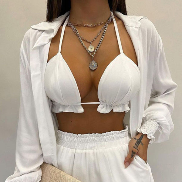 ✨ Tropical Print 3-Piece Set – Sexy Long-Sleeve Shirt and Shorts for Summer Vibes ✨