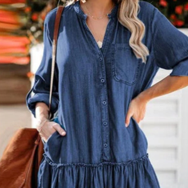 🛍️ Chic V-Neck Denim Midi Dress – Trendy, Stylish & Comfy Must-Have 💙