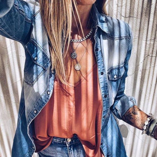 β¨ Trendy Distressed Denim Shirt for Women Long Sleeve Casual Fit β¨