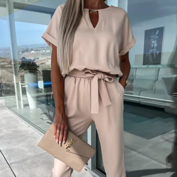 Chic V-Neck Tie-Waist Jumpsuit – Stylish & Comfy for Spring Summer