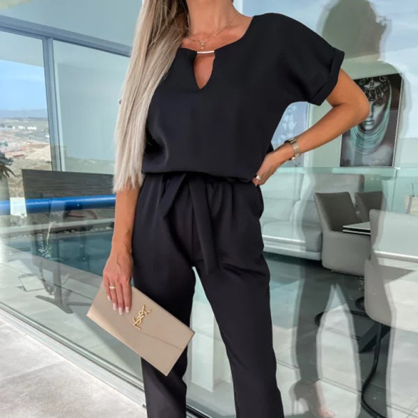 Chic V-Neck Tie-Waist Jumpsuit – Stylish & Comfy for Spring Summer
