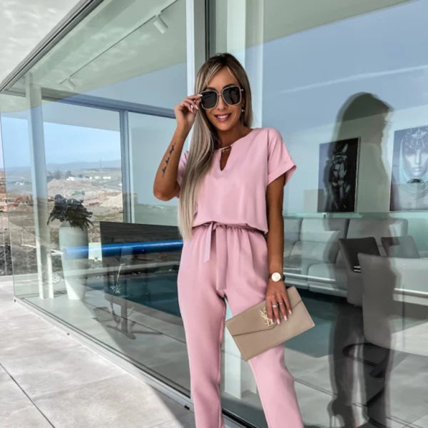 Chic V-Neck Tie-Waist Jumpsuit – Stylish & Comfy for Spring Summer