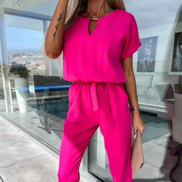 Chic V-Neck Tie-Waist Jumpsuit – Stylish & Comfy for Spring Summer