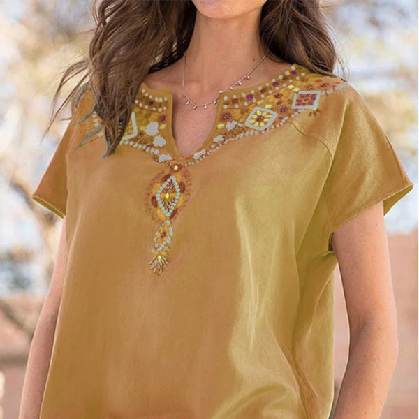 ✨ Chic & Casual Western Ethnic Top – Loose Fit Short Sleeve T-Shirt for Women 🌿