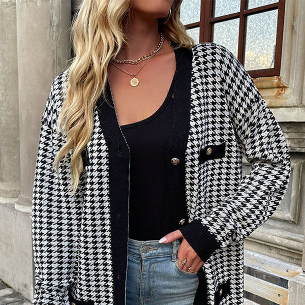 π€ Chic Houndstooth Cardigan β Cozy Long Sleeve Sweater Coat for Fall Winter β¨