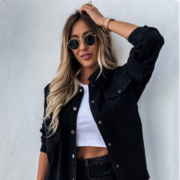 π¦ Ripped Denim Jacket Mid-Length β Vintage Washed, Long Sleeve Streetwear Vibes π¦