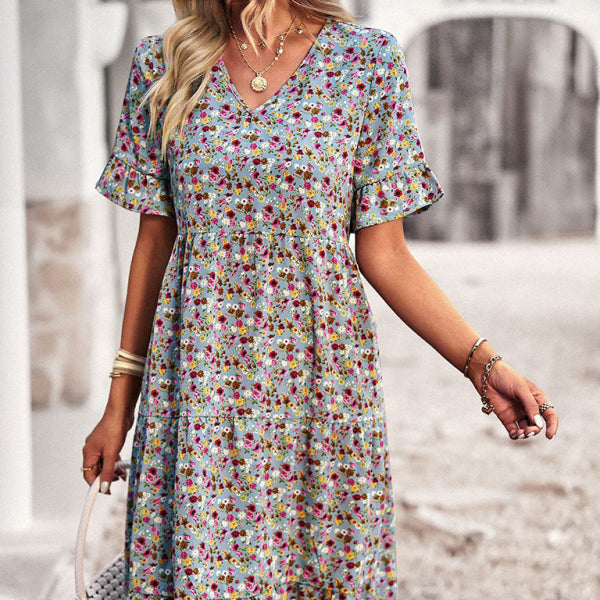 β¨ Elegant V-Neck Floral Dress Short Sleeve Holiday Outfit πΈβ¨
