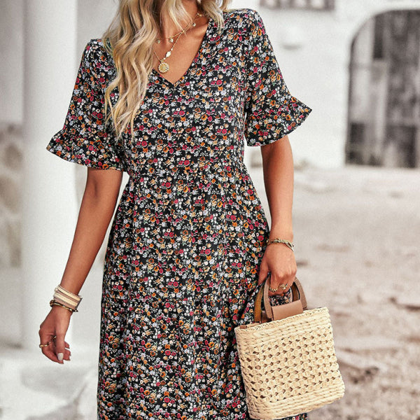 β¨ Elegant V-Neck Floral Dress Short Sleeve Holiday Outfit πΈβ¨