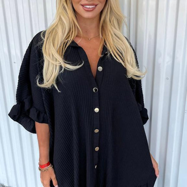 ✨ Chic Ruffle Sleeve Shirt Dress Irregular Hem Trendy Outfit ✨