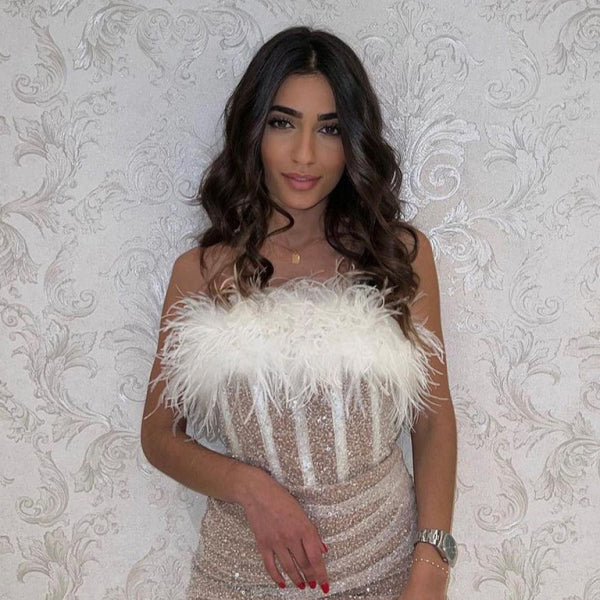 ✨ High Waist Sequin Dress One Shoulder Mini – Sexy Feather Party Dress ✨