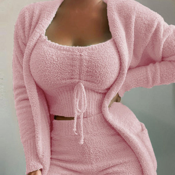 ποΈ Chic & Cozy 3-Piece Lounge Set β Plush Tie Camisole, Jacket & Trousers β¨