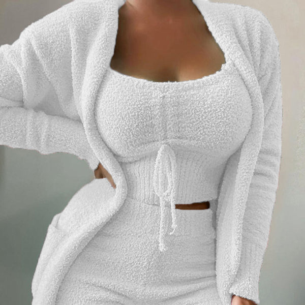 ποΈ Chic & Cozy 3-Piece Lounge Set β Plush Tie Camisole, Jacket & Trousers β¨
