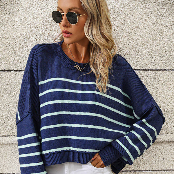 π€ Cozy Striped Knit Sweater β Chic Round Neck Loose Pullover for Fall & Winter β¨