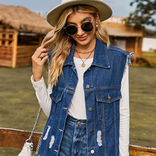 Trendy Distressed Denim Sleeveless Jacket – Must-Have Layering Piece for Every Season