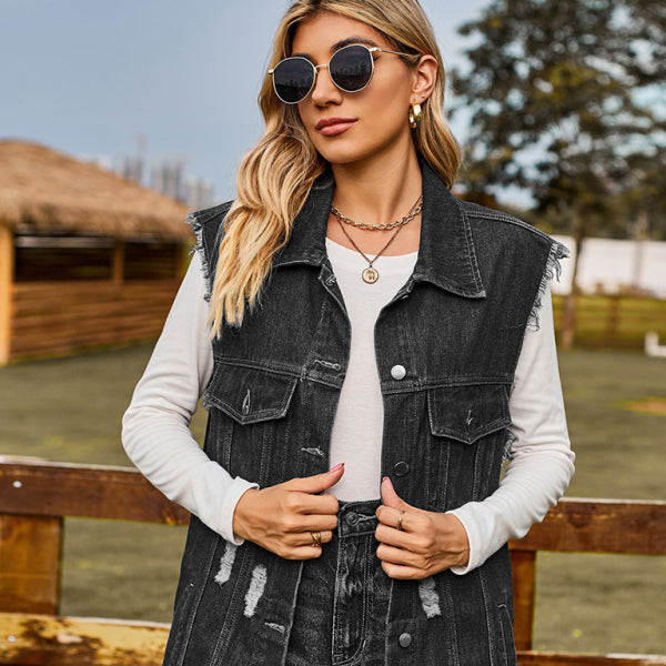Trendy Distressed Denim Sleeveless Jacket – Must-Have Layering Piece for Every Season