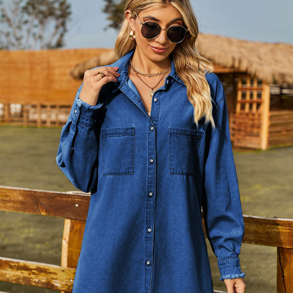 💙 Retro Washed Denim Dress – Loose, Casual & Chic Long Sleeve Look 💙