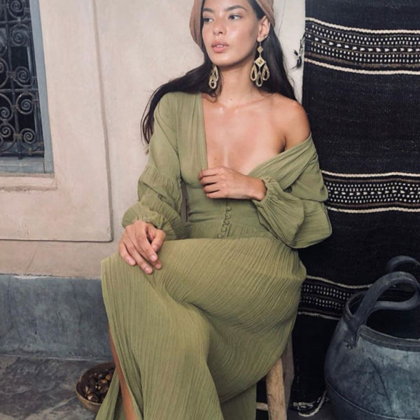 β¨ Chic French V-Neck Maxi Dress β Elegant Pleated Waist, Flowy & Timeless β¨