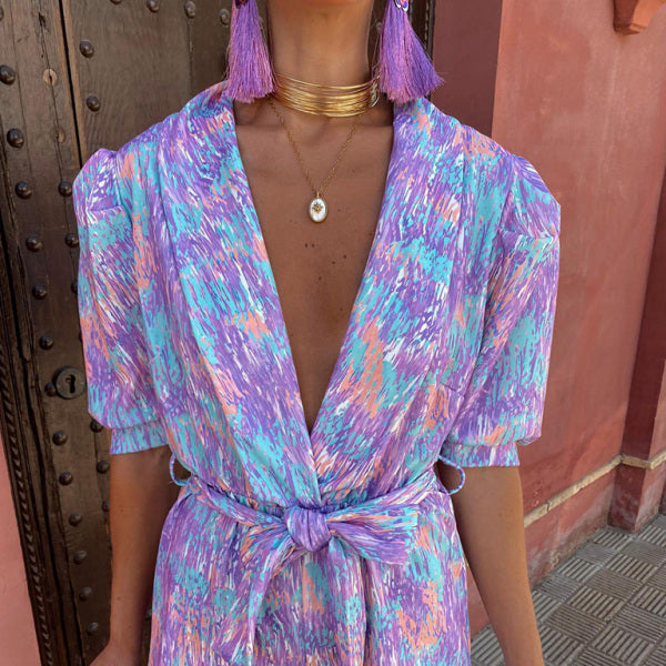 ✨ Chic Deep V-Neck Bubble Sleeve Jumpsuit – Trendy & Flattering Fit ✨