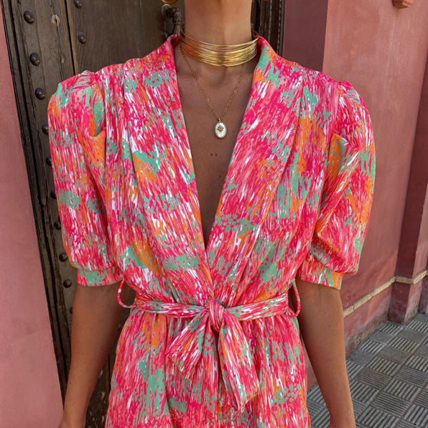 ✨ Chic Deep V-Neck Bubble Sleeve Jumpsuit – Trendy & Flattering Fit ✨