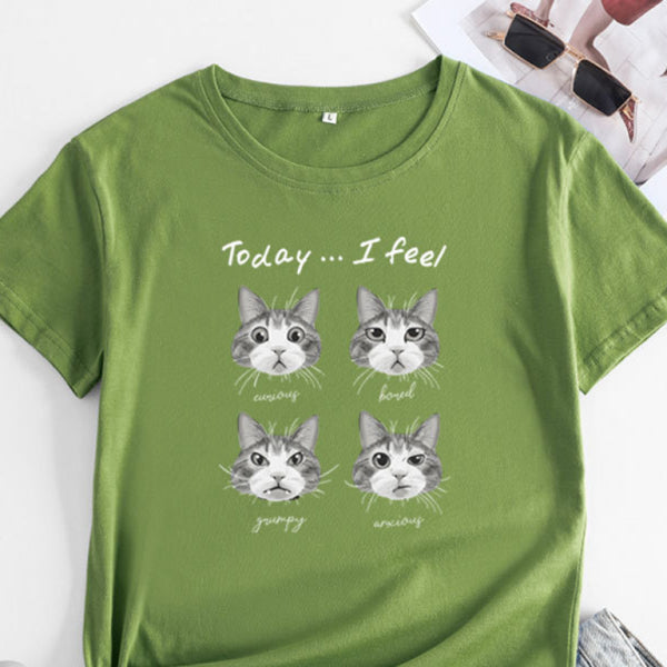 🖤 Cute Cat Print T-Shirt Round Neck Short Sleeve Casual Tee 🖤