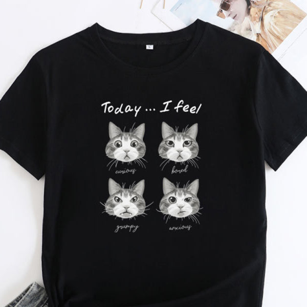 🖤 Cute Cat Print T-Shirt Round Neck Short Sleeve Casual Tee 🖤