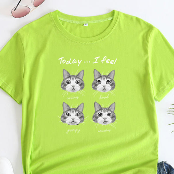 🖤 Cute Cat Print T-Shirt Round Neck Short Sleeve Casual Tee 🖤