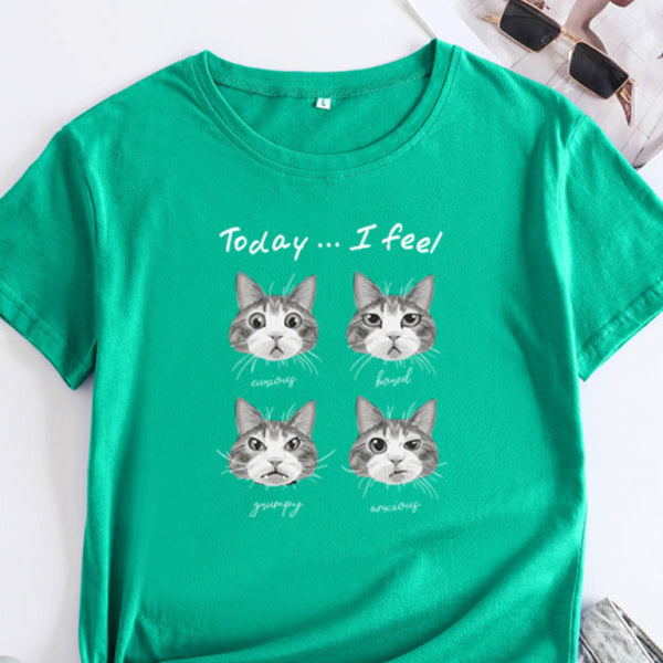 🖤 Cute Cat Print T-Shirt Round Neck Short Sleeve Casual Tee 🖤