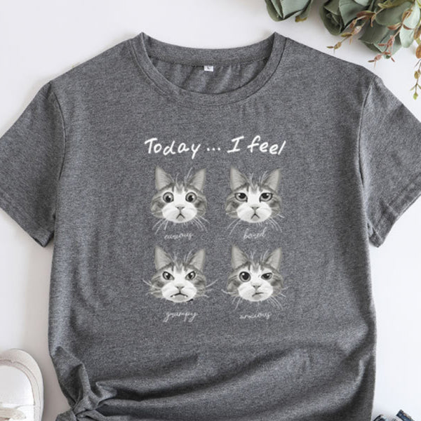 🖤 Cute Cat Print T-Shirt Round Neck Short Sleeve Casual Tee 🖤